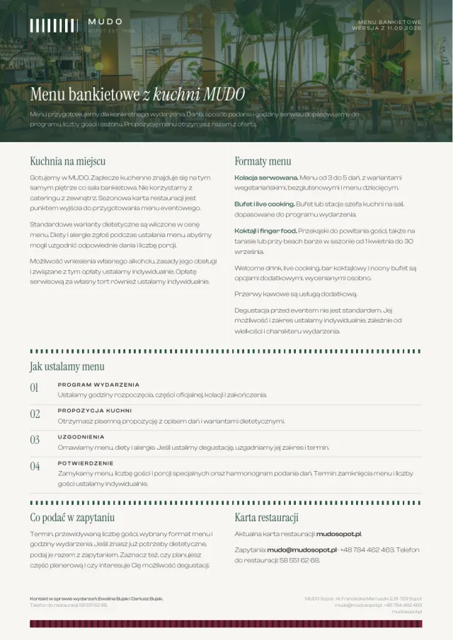 Okładka informacji o menu: zdjęcie sali restauracyjnej w nagłówku i dwie kolumny z zasadami ustalania menu