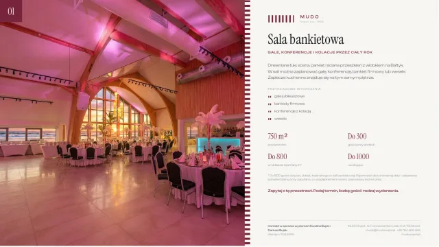 Plansza one-pager: sala bankietowa w różowym świetle, drewniane łuki dachu i zachód słońca w przeszkleniach, obok kolumna z opisem przestrzeni