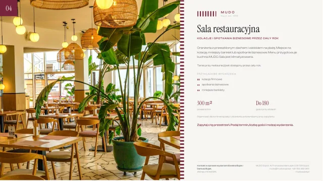 Plansza one-pager: sala restauracyjna z bananowcem, wiklinowymi lampami i drewnianymi stolikami