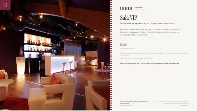 Plansza one-pager: sala VIP z podświetlanym barem, białymi fotelami i drewnianym stropem
